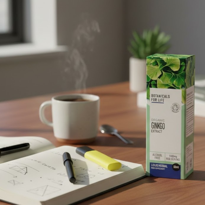 Botanicals for Life Organic Ginkgo Extract 50 ml on a wooden desk with notebook, pens and a cup of coffee